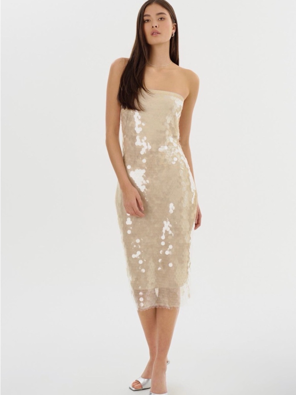 Lamarque Strapless Sequin Midi Dress in Champagne